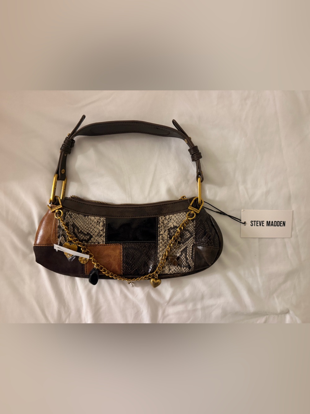 Steve Madden Patchwork Leather & Snakeskin Shoulder Bag in Brown and Tan